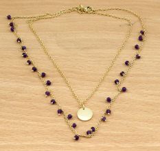 Amethyst beads with disc necklace, Two layer Brass necklace, 22k gold plated